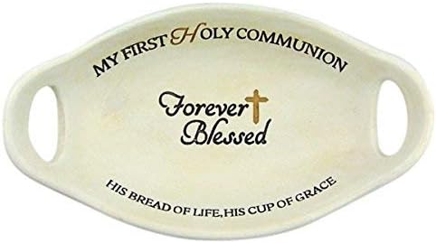First Communion Rosary Holder Bowl, Forever Blessed Trinket Dish, Ceramic Keepsake Gift, 4.25 Inch