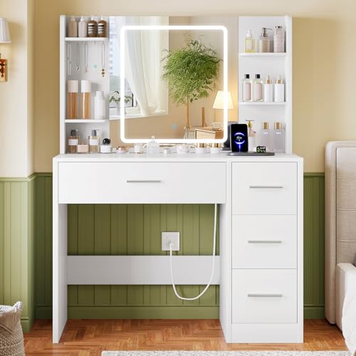 TEENFON Vanity Desk with Large Mirror & Adjustable LED Lights, Makeup Vanity with Power Strip & 5 Jewel Hooks, Dressing Table with 4 Drawers & 6 Open Shelves for Bedroom, White