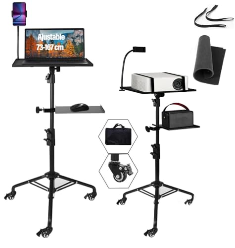 Soporte para Proyector con Ruedas, 73-167 cm Soporte para Proyector Tripode con Bandeja para Ratón, Porta Celular y Bandeja de Almacenamiento, Soporte Trípode Proyector para Oficina Hogar Estudio