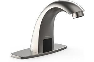 PRIMSOPH Automatic Motion Sensor Hands Free Electronic Infrared Smart Commercial Touchless Bathroom Sink Faucet with Cover Plate Temperature Mixer Battery or Plug-in Powered Brushed Nickel