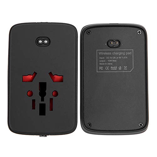 40000KM Travel Adapter with Wireless Charger Pad Universal All-in-one Plug Charger Adapter For 1500W High Power Appliances Dual Smart USB Port SW6207 (Black)