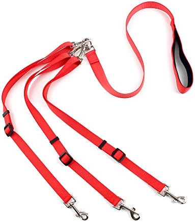 3-IN-1 DOG LEASH Three Way Dog Coupler Leash, Adjustable Triple Dog Leash for One/Two/Three Dog Cats Pet, Tangle Free (Red)