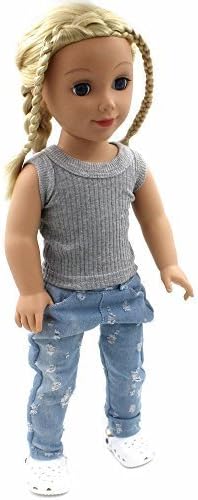 18" American Girl Clothes Gray Tank Top Vest T Shirt Blue Ripped Jeans Cotton Costume Outfit 2 Pcs Set(doll or Shoes Are Not Included)