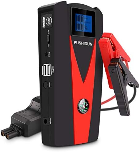 PUSHIDUN Car Jump Starter 800A Peak 15000mAh Portable Battery Booster(Up to 5.0L Gas or 4.0L Diesel Engine) with Dual USB Power Bank,Smart Jumper Cable,Built-in LED Light,LCD Screen & Compass