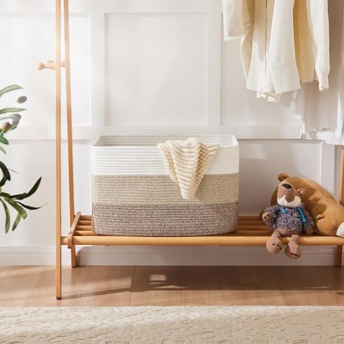 NUIO Canastas Organizadoras, Cesta de Manta Grande 55x43cm, Organizador de Pañales para Bebe, Cesta de Manta de Cuerda de Algodón para Sala de Estar, Lavandería, Guardería, Almohadas (khaki)