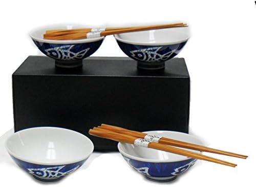 Set of 4 White &amp; Blue Rice Bowls with Chopsticks Set