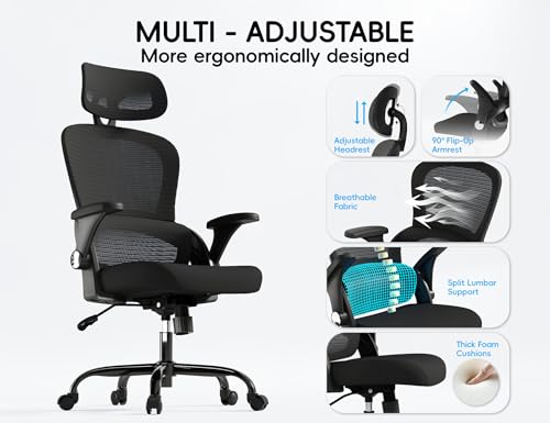 TRALT Office Chair - Ergonomic Office Chair with Back Support, Home Office Desk Chairs, 330lbs Wide Seat Big and Tall Office Chairs with Headrest, Comfy Desk Chairs (Black)