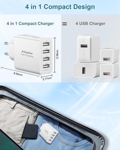 USB Charger, 4 Ports 25W/5A Plug U-SB Multiple Mobile Charger Fast Charging C-argador USB Multiple Fast Charger Carregador for iPhone 17/16/15/14/13/12/11/X/8, Samsung S25/S23/S22, Xiaomi