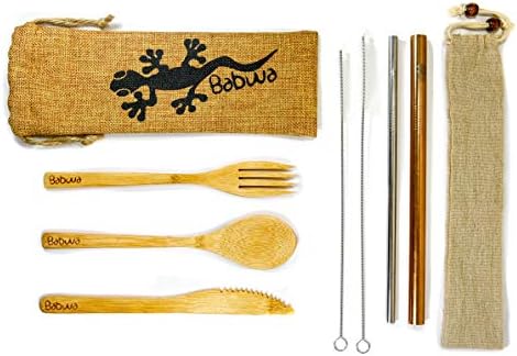 Bamboo Utensil Set | Wooden Cutlery Set | Bamboo Travel Utensils To-Go with Holder | Utensil Set With Stainless Steel Straws