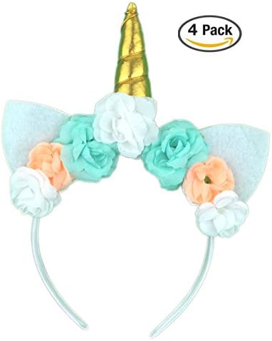 AmCute Girls Unicorn Headband, Pack of 4 for Unicorn Birthday Party Costume (Gold Horn Mint Flowers Headband)
