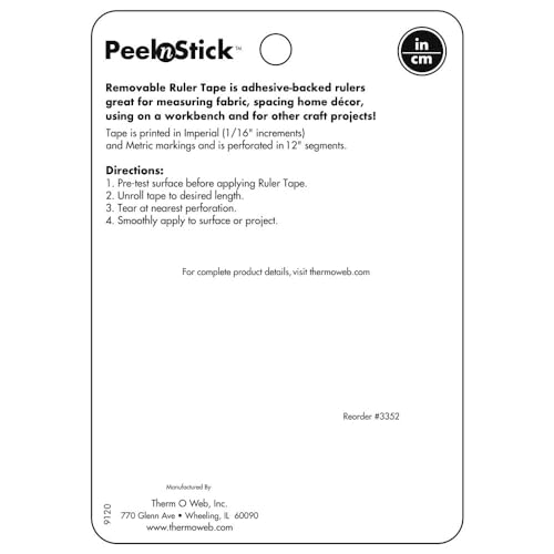 iCraft PeelnStick Removable Adhesive Ruler Tape, 12 inch Repeating Imperial (inch) + Metric (cm) Measurements, Yellow, Easy Tear Perforations Every 12in, roll is 1/2 in x 10 yds