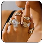 Fyvos 6Pcs Chunky Gold Open Rings Set Statement Irregular Pearl Rings Non Tarnish Stackable Rings Set Gold Plated Knuckle Ring Set Jewelry for Women