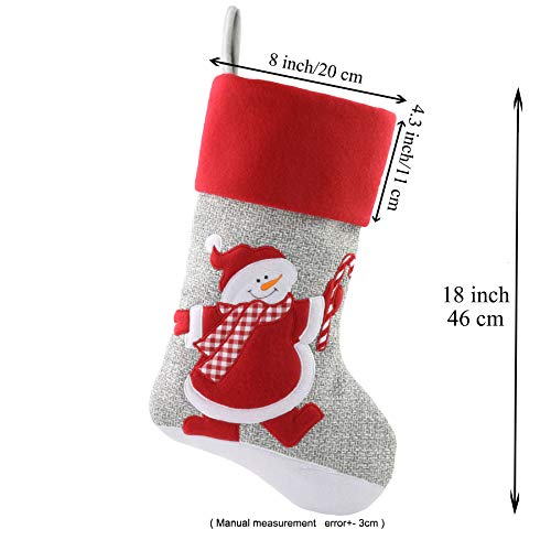WEWILL 18’’ Gray Felt Christmas Stockings Red Cuff Set of 3 Embroidered Snowman Reindeer Santa Claus with Candy Cane Gift Bag Xmas Stockings Home Holiday Decoration