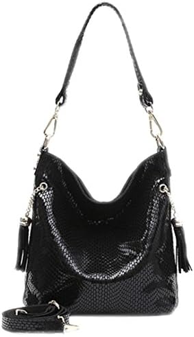 Designer Real Leather Shiny Snake Pattern Embossed Female Shoulder Bags Women Everyday Handbags Black