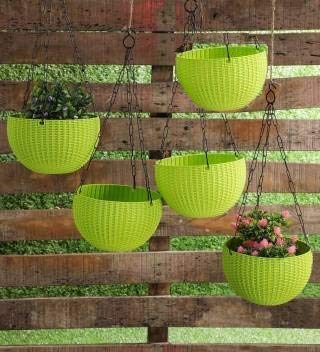 Pushpvilla Hanging Baskets Rattan Waven Flower Pot Plant Pot with Hanging Chain for Houseplants Garden Balcony Decoration 7.1 inch - 5 Pcs Green Color