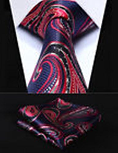Dream Pole PP925V8S Red Navy Blue Paisley 3.4" Silk Woven Men Tie Necktie Handkerchief Set #PPTE4066