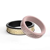Ikonfitness Silicone Wedding Ring for Women, Two Piece Rubber Wedding Ring with Unique Embossed Pattern, 6.5 mm Wide 2 Pack in Metal Box (Rosegold, Gold, 7)