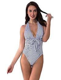 YOLIPULI Halter traje de baño de una pieza: Monokini de cintura alta a rayas