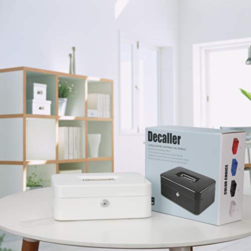 Metal Cash Box with Money Tray, Decaller Money Box with Key Lock for Security (White, Medium - 9 4/5" x 7 4/5" x 3 1/2"), QH2507M