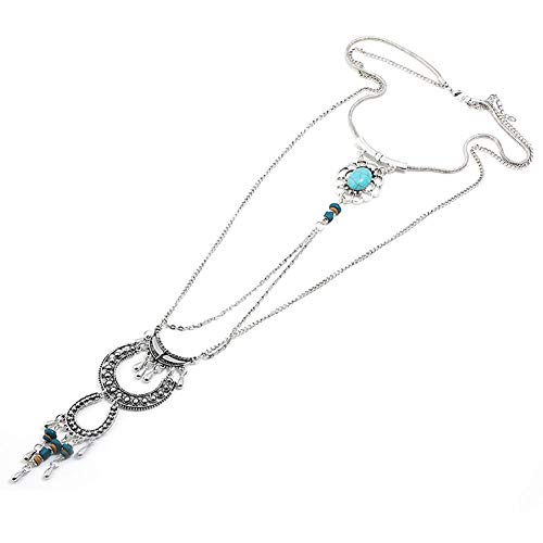 Hanloud Boho Chain Choker Necklace Layer Turquoise Beads Moon Horseshoe Pendant Necklace - Thumbnail 4