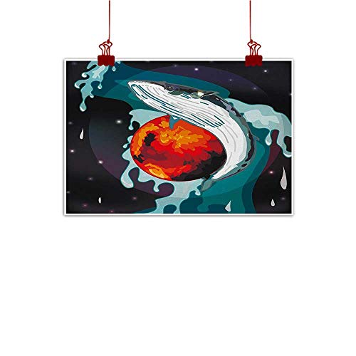 Whale Simulation Oil Painting Huge Whale Under The Sea and a Fishing Sailor in Big Ocean Image Print Decorative Painted Sofa Background Wall 24" Wx20 L Blue Dark Blue and White