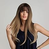 Long Brown Wigs with Bangs Luckyfine Long Straight Synthetic Wig, Brown Tawny Ombre Natural Looking Wigs Cosplay Party Halloween Cosplay Costume Wig for Women Girls Dress Dating-22''
