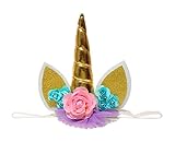 E&L Unicorn Horn with Flower Dressing Headband Birthday Decoration, for Birthday Cake Decoration, 1st Birthday Girl Decorations, Fancy Dress Girl Party Decoration (Gold)