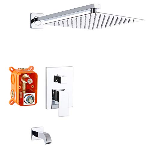 POP 10 Inch Bathtub Shower Faucet Set with Tub Spout Chrome Bathroom Luxury Rain Mixer Shower System Wall Mounted Rainfall Shower Combo Set, Single Handle Tub and Shower Trim Kit with Rough-in Valve