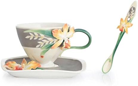 Franz Fine Porcelain Magnificent Cattleya Orchid Cup/Saucer & Spoon Set in Adorable Treasures Gift Box