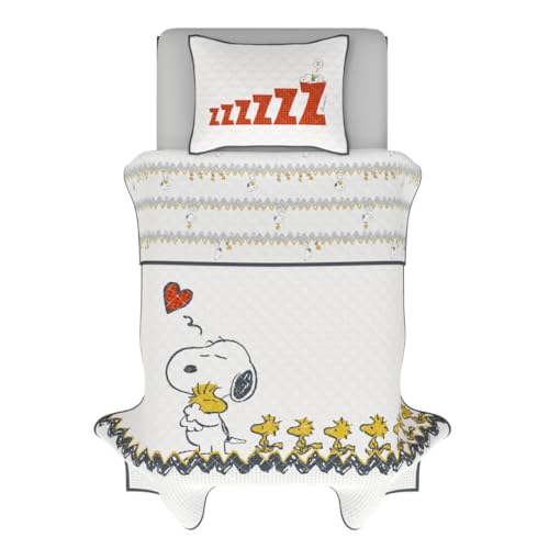 Franco Peanuts 75th Anniversary Snoopy & Woodstock Bedding Super Soft Cozy 2 Piece Twin Coverlet Quilt and Sham Set, (Official Peanuts Product)