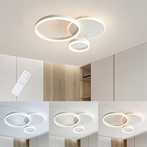 MOUNM Bedroom Chandelier, LED Ceiling Light Dimmable 3000K-6000K Aluminium, 54W 5400lm, for Bedroom, Living Room, Living Room, with Remote Control, Three Circles