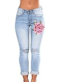 Sidefeel Women Rose Embroidered High Waist Ripped Denim Skinny Jeans