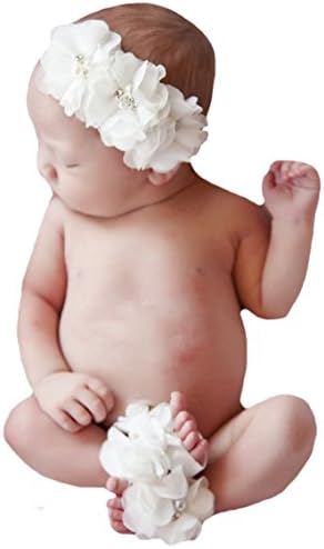 Melondipity's White Flower Headband and Barefoot Sandal Set for Newborn Girls