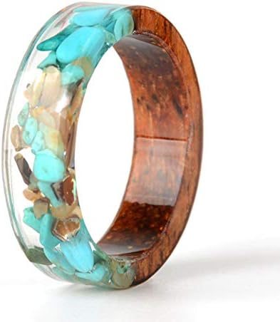 Unique Wood Resin Ring with Turquoise Insided Transparent Crystal Band Ring Best Handmade Gift for Her