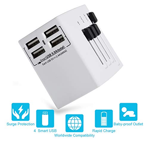 Travel Adapter, 2000W International Power Adapter, All in One Universal Power Adapter with 4 Quick Charge USB 3.0 Ports, for UK, EU, AU, US, Over 150 Countries (White)