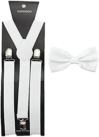 Suspenders With Bow Tie Adjustable X-shape Braces Fashion Adult Men's Trouser Straps Bow belt (White)