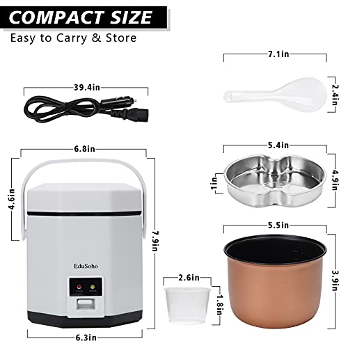 EduSoho 12V Car Rice Cooker, Portable Mini Rice Cooker 2 Cup Uncooked
