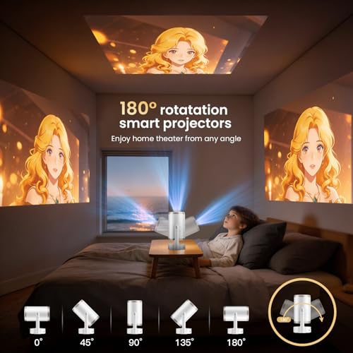 Projector HD, 1080P 4K Support Mini Projectors Auto Focus & Keystone 22000 Lumen 260 ANSI Bightness WIFI 6 & Bluetooth 3 Mount Way 180° Rotatable 30-200" Theatre for Match Game/Bedroom/Outdoor