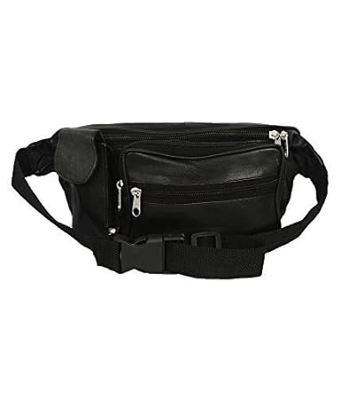 Olrada Trendy Mens Ladies Black Genuine Leather Waist Bag Bum Bag Fanny Pack Travel Money Belt ID Card Wallet Phone Bag