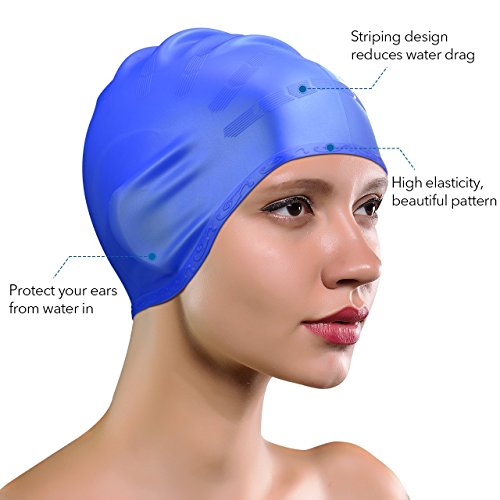 Xiaoai Swimming Cap, Waterproof Silicone Unisex Swimming Hat Long Hair Hat with Ear Cover for Women and Men for Water Sports (Blue) - Thumbnail 2