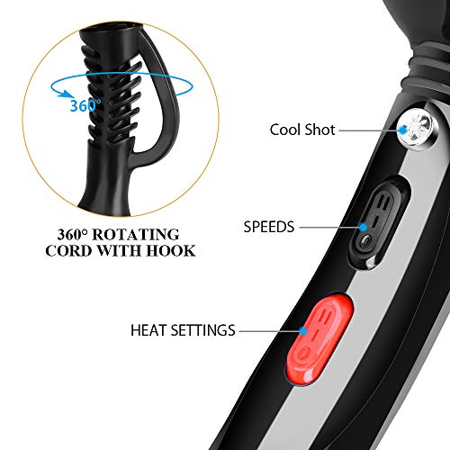 Professional Ionic Hair Dryer, CONFU Powerful 1875 Watt Ceramic Salon Blow Dryer Negative Ions Cool Shot Button Hairdryer 2 Speed 3 Heat Settings with Concentrator Nozzle Diffuser for Men and Women - Thumbnail 3