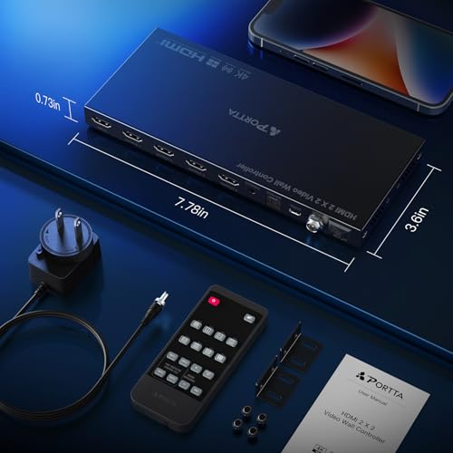 HDMl 2x2 4K Video Wall Controller, PORTTA Video Wall Processor with 11 Splicing Modes, RS232, 180° Rotation, Audio Extractor, 2x2,1x2,1x3,1x4,2x1,3x1x4x1, 4 TV Screens in 1