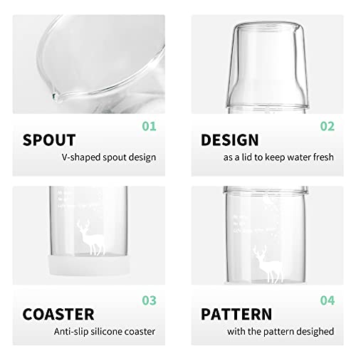 BTWD Bedside Water Carafe and Glass Set, Night Water Bediside Carafe with Glass Cup, Glass Mouthwash Dispenser for Bathroom, Nightstand Carafe with Silicone Coaster Glass Pitcher for Bedroom(18 OZ)