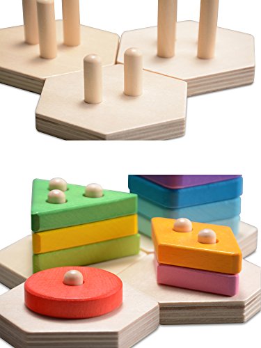 Wooka Wooden Preschool Geometric Stacking Puzzle Educational Shapes and Colors Sorting Board Early Developmental Stacking Block Chunky Toys for Kids - Thumbnail 3