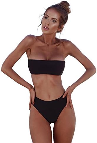 Creazrise Women's Strapless Bra Horizontal Stripe Bandeau Bikini Bottom Set Swimsuit