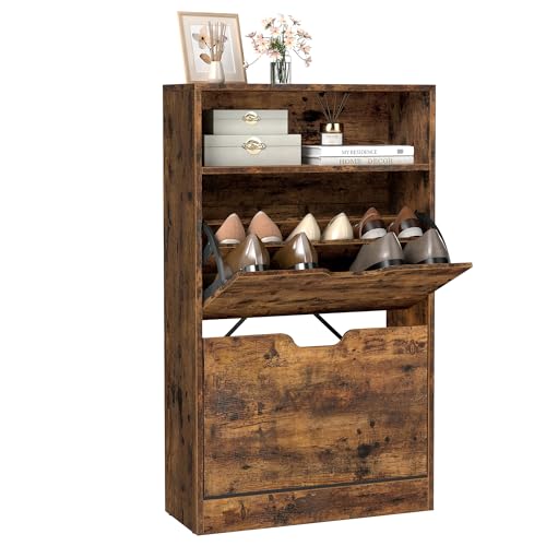 VASAGLE Custos Kollektion - Schuhschrank 2 Klappen, Schuhkipper, Schuhregal, Schuhaufbewahrung, offenes Fach, Trennwand verstellbar, für 8-12 Paar Sch