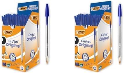 Bic Cristal Original Ballpoint Pens, Medium Point (1.0 mm) Every-Day Writing Pens with Clear Barrel, Blue, Box of 50 (Pack of 2)