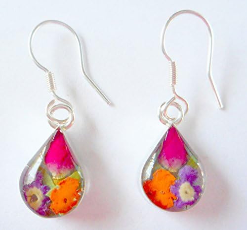 Pear drop small silver 925 dried pressed flower earrings multicolor