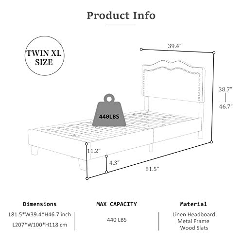 mecor Upholstered Linen Twin XL Platform Bed Frame Adjustable Height
