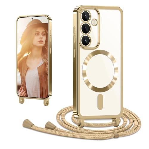 CaseLover Magnetic Case with Cord for Samsung Galaxy A57 5G, Soft Transparent Silicone Case with Adjustable Collar Strap Lanyard Anti-Shock Case for Galaxy A57, Gold